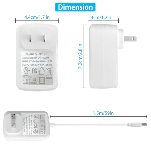 24V Power Supply Withe, AC 100-240V to DC 24 Volt 1A 24W Adapter. | DC 24V Power Cord Class 2 with 5 Tips, for LED Light Strip, String Lights, Soundbar, Massage Gun and More.