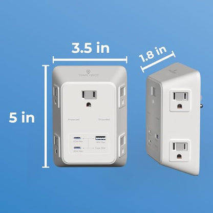 PD USB Wall Charger Surge Protector, 5 Outlet, (White) | Extender 2 USB C & 1 USBA Charging Ports, Fast Charge 3 Sided Power Strip Multi Plug Outlets Wall Adapter for Home Office - color: White
