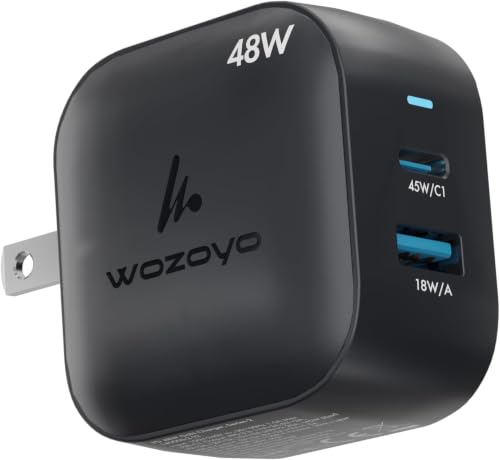 48W GaN Charger Wozoyo Type-C & USB-A Superfast 2.0 Charging, Compatible for iPhone 17/16/16 Pro Max/15 Series/iPad Pro, Smartphones, Tablets and More, PD/PPS/QC 3.0,Compact Foldable Plug - color: Black