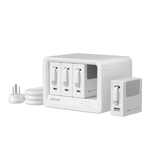 12-in-1 Desktop Charging Station with 3 Retractable Type-C Chargers and 1 Lightning Charger, 160W USB-C Charging Hub with 33.5in Cable, 4 AC, 1 USB A Port, 3 USB C Ports, White - size: With 1 Lightning, USB A Port, 3 Type-C Chargers