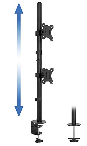 Mount-It! Vertical Dual Monitor Mount, Full Motion Dual Monitor Arm for 13–32" Screens, Heavy Duty Steel, VESA 75x75 100x100, C-Clamp or Grommet Base, Height Adjustable, Tilt Swivel Rotate, Black