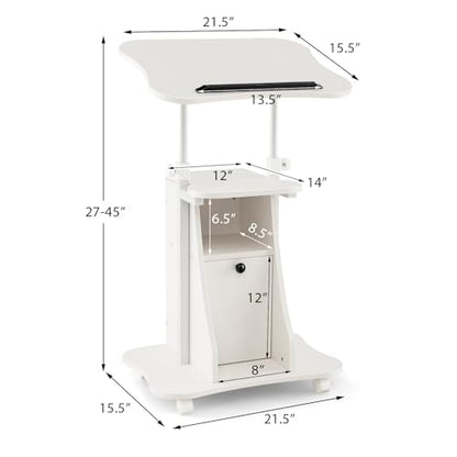 Tangkula Mobile Laptop Podium, Height Adjustable Sit to Stand Desk with Tilting Desktop & Storage Cabinet, Ergonomic Rolling Lectern Cart Laptop Desk, Office Podium Stand on Wheels - color: White, size: 21.5" x 15.5" x 45"