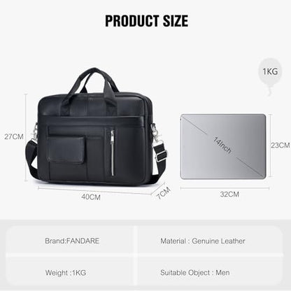 FANDARE Laptop Tote Bag for Men Full Grain Leather Briefcase Business Tote Messenger Handbag - color: Black