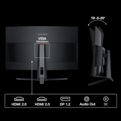 KOORUI 32 inch Curved Gaming Monitor, QHD 170Hz, 1ms 1500R Display | 2560×1440 Monitor, Adaptive Sync, 90% DCI-P3, HDMI×2 and DP, VESA, FPS & Console Gaming, Immersive Gaming, Home Entertainment - size: 32inch 170Hz/QHD/Curved