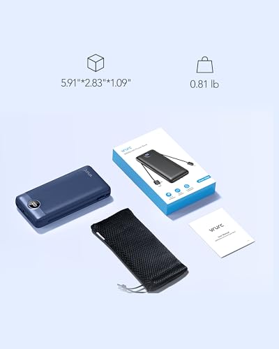 VRURC Portable Charger 20000mAh, Fast Charging Power Bank USB C,4 Output 2 Input Travel Essentials Charging Bank Equipped with LED Display,Built-in Wall Plug and Cables,Phone Charger Battery,Navy - color: Navy