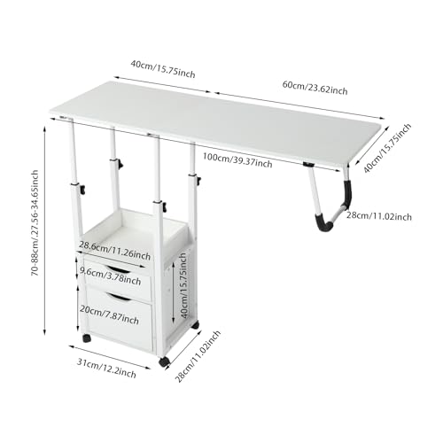 Overbed Table with Wheels, Movable Bedside Table Height Adjustable Over Bed Desk Foldable Rolling Laptop Desk with Drawers for Home & Hospital Use (White) - color: White
