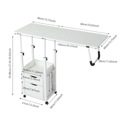 Overbed Table with Wheels, Movable Bedside Table Height Adjustable Over Bed Desk Foldable Rolling Laptop Desk with Drawers for Home & Hospital Use (White) - color: White
