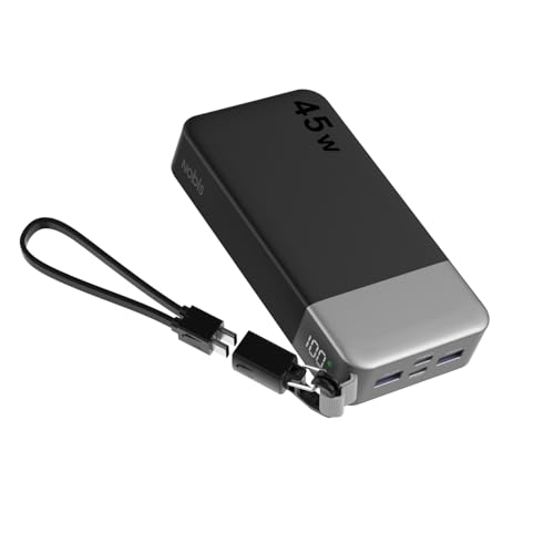 NOBIS Portable Charger 20000mAh 45W Power Bank w/Detachable Cable | 2C+2A Battery Pack w/Dual Type-C Cable, Battery Bank w/ Digital Display for Phone, Laptop, Steam Deck - color: Black