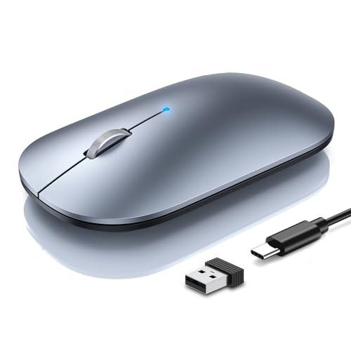 TECKNET Bluetooth Mouse for MacBook, Type-C Rechargeable Mouse | (BT5.0/3.0 & USB) Connection, 800mAh Battery-90 Days Usage, Silent Click, Slim Portable Mouse for MacBook/iPad/Laptop/PC - color: Silver