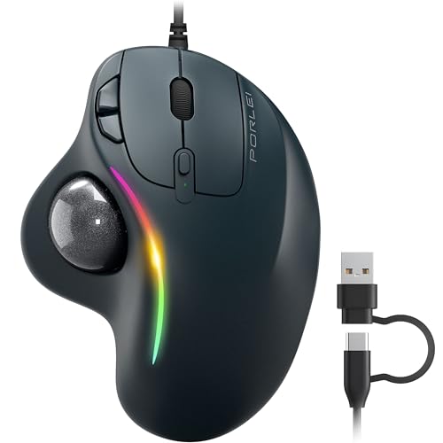 Wired Trackball Mouse with RGB Lighting, Ergonomic Thumb Control to Reduce Muscle Strain, 5 Adjustable DPI, Dual USB-C & USB-A Connectivity, Compatible with PC, Laptop, Mac, Windows-Black - color: C-Black