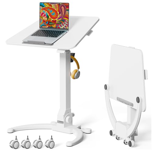 JOY worker Foldable Standing Desk on Wheels, Mobile Adjustable Laptop Desk | Max Height 47.6", 90° Tiltable Board & Base, Portable Height Adjustable Workstation with Lockable Casters, Holds 22lbs, White - color: White, size: Height Range:32.3-47.6"