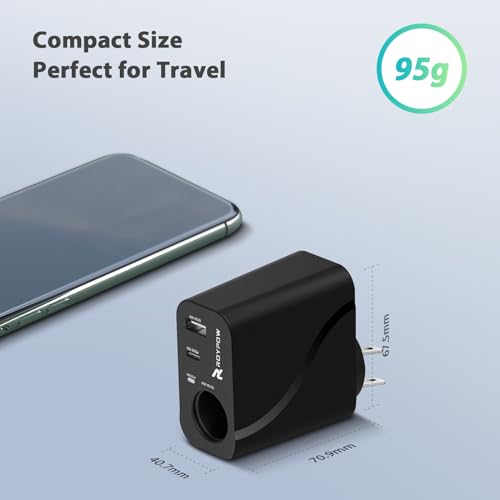 RoyPow AC to DC Converter, 110V/120V to12V Converter, 36W USB C Charger with Car Cigarette Lighter Socket, 3-Ports Wall Charger 18W PD3.0 Travel Plug 110V/120V to 12V/3A Power Adapter for iPhone, iPad - size: 12V/3A