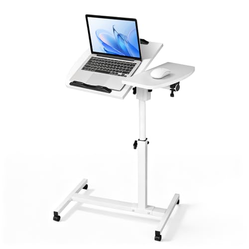 Magshion Tilt Overbed Bedside Table with Wheels, Rolling Laptop Desk with Mouse Table & Height Adjustment from 24" to 36", Sit to Stand Up, Mobile Standing Desk for Hospital Home Office, White Frame - color: White Fram, size: Split Desktop