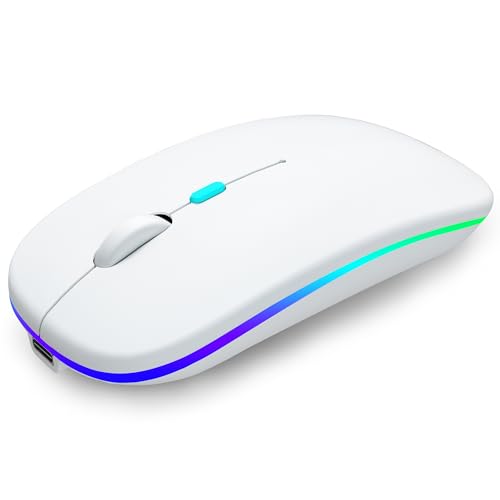 AIKOKOK Wireless Bluetooth Mouse, Rechargeable, Dual Mode Bluetooth 5.2 & 2.4G USB, LED Lights, Slim, Silent, Portable Computer Mouse for Laptop, PC, MacBook, iPad, Tablet (White) - color: White