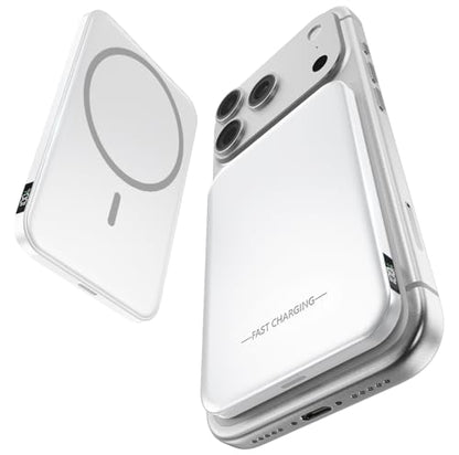 0.4" Ultra Slim Magnetic Portable Charger, 50% Smaller 5000mAh Power Bank with LED Display, Fast Charging Wireless Battery Pack, Travel Essential MagSafe Compatible Charger for iPhone 17/16/15 - White - color: White