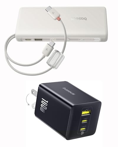 Baseus 100W USB C Charger Block Bundle with Baseus Portable Charger with Built in Cable, 100W Laptop Power Bank 20000mAh