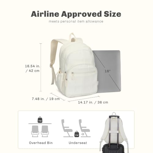 College Laptop Backpack 16 Inches Quilted Travel Backpack for Women Lightweight Puffer Casual Daypack 28L Ivory Beige - color: Ivory Beige