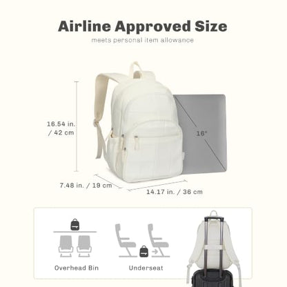 College Laptop Backpack 16 Inches Quilted Travel Backpack for Women Lightweight Puffer Casual Daypack 28L Ivory Beige - color: Ivory Beige
