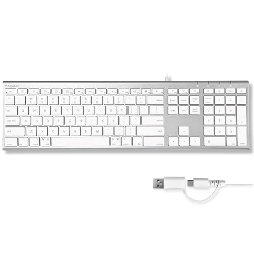 Macally Wired Keyboard for Mac (Upgraded Dual USB A + C Plug) - USB C Keyboard - Ultra Slim, 20 Shortcuts, 110 Scissor Keys - Compatible with Apple MacBook Pro/Air, Mac mini, iMac, iPad - Silver - color: Silver