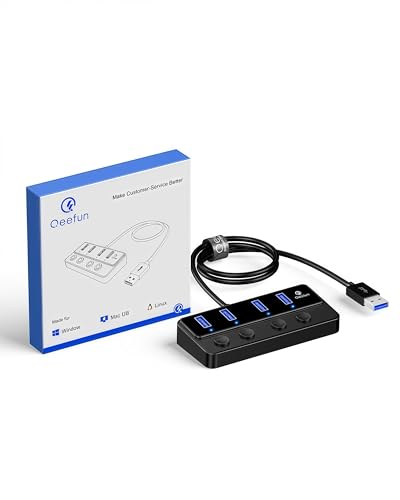 Qeefun 4-Port USB 3.0 Hub, Individual LED Power Switches, 5Gbps Data Transfer USB Splitter with 2ft Extension Cable, Multiple USB Extender for Laptop, PC, iMac, USB Flash Drives and More - style: A to 4A(60cm)