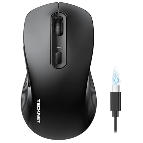 TECKNET Rechargeable Bluetooth Mouse, [ USB + BT5.0 + BT3.0 ] Wireless Mouse, Ergonomic Design, Silent Click, 6-Level 4800 DPI Wireless Mice, 3-Device Switching for Laptop, Computer, MacBook（Black） - color: Black