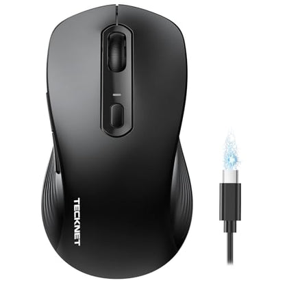 TECKNET Rechargeable Bluetooth Mouse, [ USB + BT5.0 + BT3.0 ] Wireless Mouse, Ergonomic Design, Silent Click, 6-Level 4800 DPI Wireless Mice, 3-Device Switching for Laptop, Computer, MacBook（Black） - color: Black