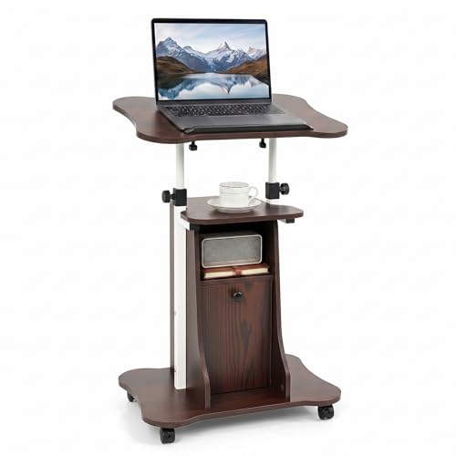 Giantex Mobile Podium Stand, Height Adjustable Laptop Computer Cart w/Tilting Top, Storage Cabinet & Lockable Wheels, Church Classroom Lecture, Sit-to-Stand Desk for Home Office (Brown,1) - color: Brown