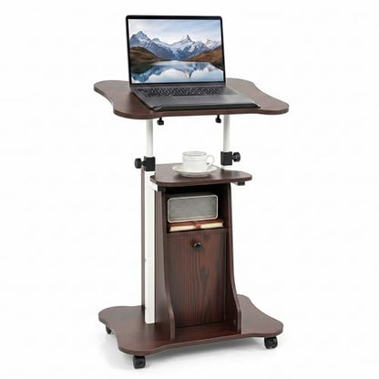 Giantex Mobile Podium Stand, Height Adjustable Laptop Computer Cart w/Tilting Top, Storage Cabinet & Lockable Wheels, Church Classroom Lecture, Sit-to-Stand Desk for Home Office (Brown,1) - color: Brown