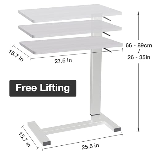 Adjustable Overbed Bedside Table with Wheels, Hospital Bed Table for Home Rolling Laptop Table, Pneumatic Mobile Standing Desk, White