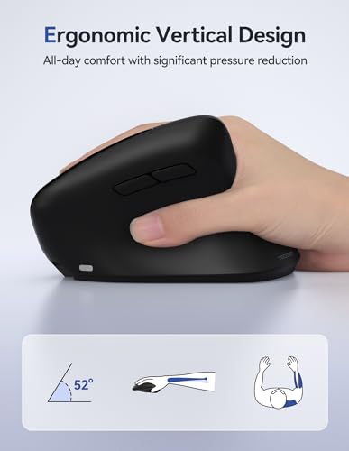 TECKNET Wireless Vertical Mouse, 2.4G+2*BT Rechargeable Bluetooth Mice | 4800DPI, Ergonomic Design for Carpal Tunnel Right Hand, 3-Device Connectivity for Laptop, PC, MacBook, Windows, MacOS, Black