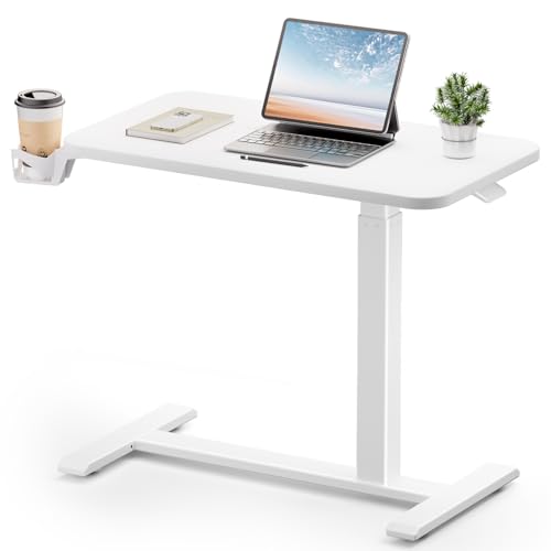 GTPLAYER Small Standing Desk with Hidden Wheels, Pneumatic Mobile Rolling Laptop Desk, Adjustable Height Overbed Bedside Table Computer Workstation for Home Office (32" W x 16" D, White) - color: White-hidden, size: Large
