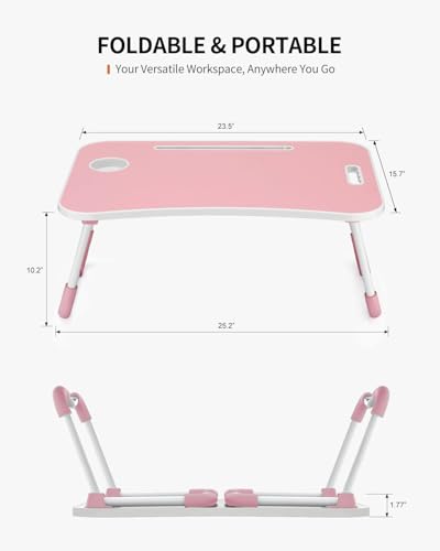 FISYOD Foldable Laptop Table, Portable Lap Desk Bed Table Tray, Laptop Stand with Cup Holder & Tablet Slot & Lifting Handle for Working Writing Drawing & Eating (Light Pink) - color: Light Pink