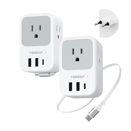 TESSAN European Travel Plug Adapter, 2 Pack | Built-in 20W Retractable USB-C Cable, Type C Power Adapter, 3 AC Outlets 4 USB Ports - color: White grey-Type C (USB-C Cable)
