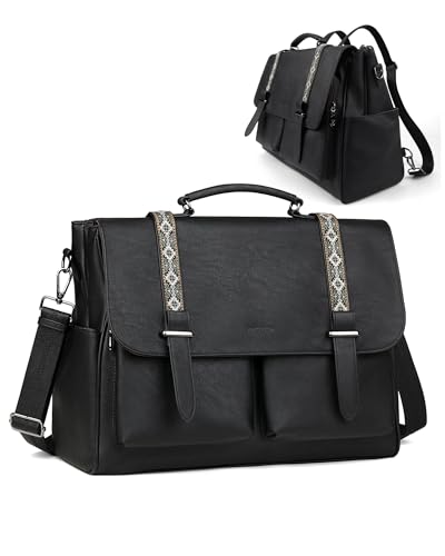 Messenger Bag for Women, 17L Leather Satchel Backpack Purse | Large Laptop Briefcase Multi Pocket Shoulder Bags, Spacious Compartments for Office, Travel, Work, Business, Daily Gift - color: Black Retro Style