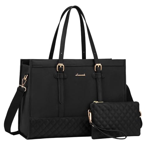 LOVEVOOK Laptop Bag for Women, 15.6 Inch Computer Tote Bags Purse for Work | Canvas, with Long Shoulder Strap&Clutch Purse, Handbag, Casual Stylish Tote Bag for Work Office Travel College Teacher School - color: A-black, size: 15.6 inch