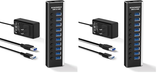 Powered USB Hub, Rosonway 10 Port USB 3.1/3.2 Gen 2 Hub 10Gbps with 36W (12V/3A) Power Adapter, Type A and Type C Cables, Aluminum USB C Hub Splitter for PC and Laptop (RSH-A10S) (Pack of 2) - size: 10 Port USB 3.1 Hub 10Gbps (Pack of 2)
