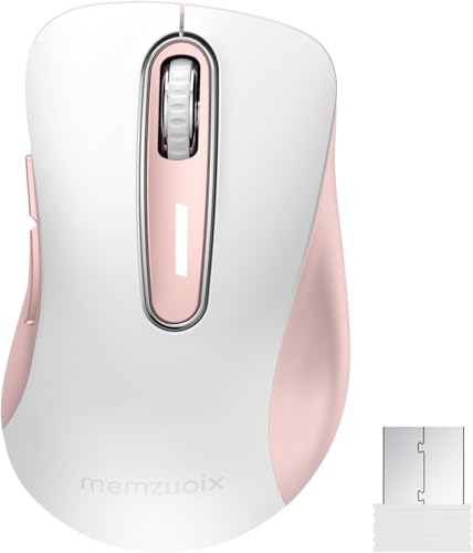 memzuoix 2.4G Wireless Mouse, 1400 DPI Computer Mice with USB Receiver, Portable Wireless USB Mouse Battery Powered Cordless Mice for Laptop, PC, Desktop, 5 Buttons (White Pink) - color: White Pink