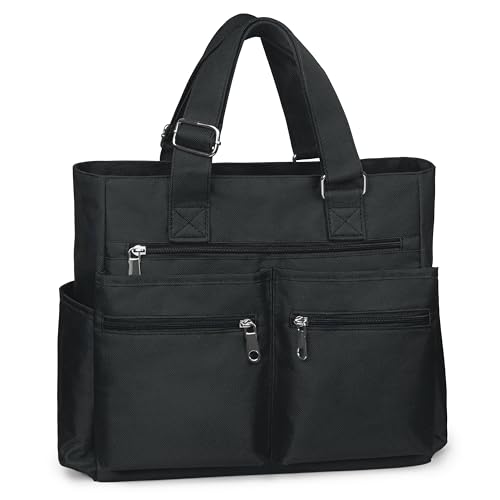 VOLGANIK ROCK Canvas Tote Bag Waterproof Nylon Multi Pocket Shoulder Bags Laptop Work Bag Teacher Purse Handbag for Women Men - color: Black