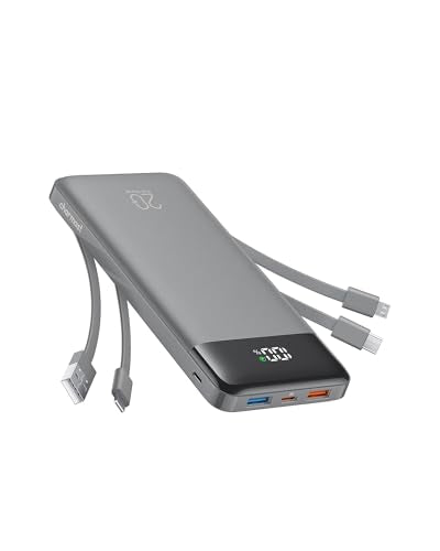 charmast 20000mAh Portable Charger with Built in Cables, 22.5W Travel Power Bank Fast Charging, USB C Cell Phone Battery Pack for iPhone 17/16/15/14/13/12 Series, iPad, Samsung, Android, Tablet - color: Lunar Grey