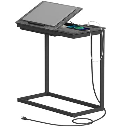 TUTOTAK Large C Shaped End Table, Side Table with Charging Station C Table | Tilting Laptop Stand with Storage, Computer Couch table for Living Room, Bedroom, Charcoal Grey TB01BY090 - color: Charcoal Grey, style: Plug