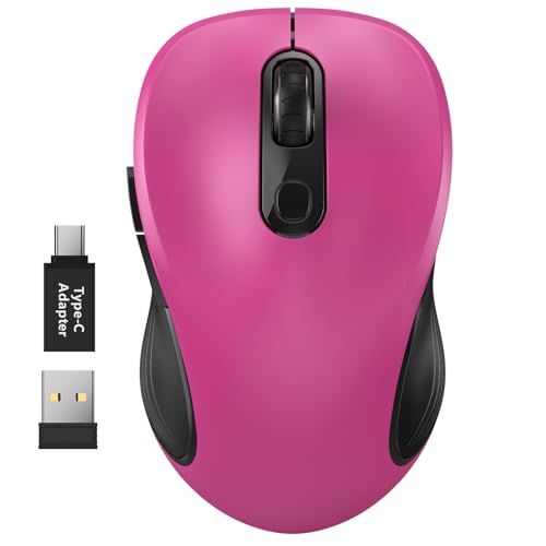 WisFox 2.4G Wireless Mouse for Laptop, Ergonomic Computer Mouse with USB Receiver and Type-C Adapter, 3 Adjustable Levels, 6 Button Cordless Wireless Mice for Windows Mac PC Notebook (Fuchsia) - color: Fuchsia