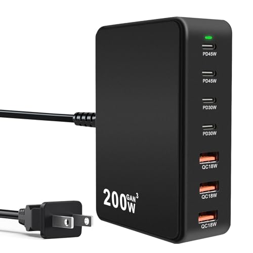 USB C Charger Block 200W PD QC3.0 GaN 7 Port Fast Charging Station(Black) | Multiport USB Hub Brick Compatible with Laptop MacBook Pro/Air, iPad, iPhone 17/16/15, Galaxy S23/22, DELL, Steam Deck - color: Black