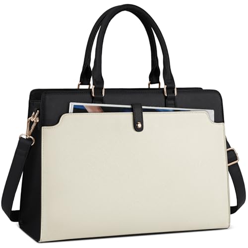 RAINSMORE Laptop Bag for Women 15.6 Inch Laptop Tote Bag Leather Work Bag Waterproof Womens Briefcase Business Office Computer Tote Large Capacity Handbag, Beige and Black - color: Beige and Black