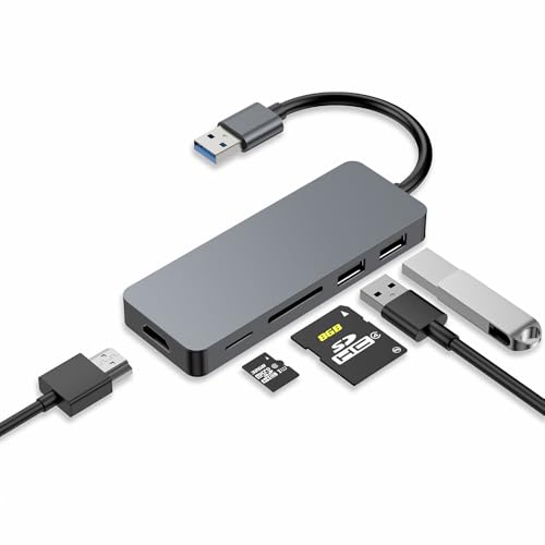 USB A Hub, 5 in 1 USB A Adapter with HDMI for Win & Mac Laptops Desktops | USB A 3.0 Adapter • 1080p HDMI • 2 USB A 2.0 • SD/TF Card Reader • Compatible with Win/Mac • USB Type A Docking Station - size: 9859 Gray