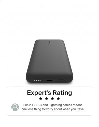 Belkin Portable Charger Power Bank for iPhone/Android (10,000mAh), 23W Battery Pack with Integrated USB-C, Lightning Cables, Pass-Through Capability, Charge 2 Devices at Once, Phone Charger Power Bank - color: Black