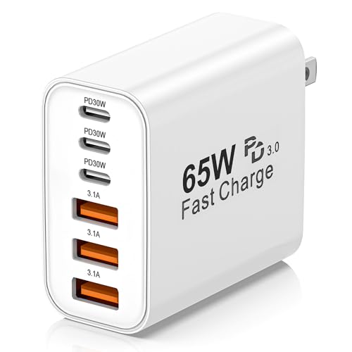 USB C Charger Block,65W 6-Port USBC Charging Block,Wall Charger iPhone Charger Fast Charging,Multiport Type C PD+QC Power Plug for All iPhone 17 16 15 iPad Samsung S23 S24 iWatch Pixel Series (White) - color: White, size: 65w