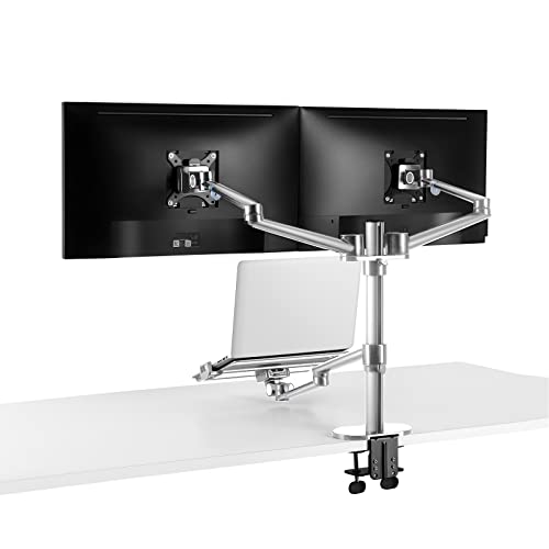 AEONS Dual Monitor and Laptop Desk Mount Combo Stand with Notebook Holder fits up to 17 inch, 3-in-1 Adjustable Triple Arm Mount fits 27 inch LCD Screen with VESA, Clamp and Cable Management, Silver - style: Triple Arm & Tray, Silver