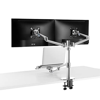AEONS Dual Monitor and Laptop Desk Mount Combo Stand with Notebook Holder fits up to 17 inch, 3-in-1 Adjustable Triple Arm Mount fits 27 inch LCD Screen with VESA, Clamp and Cable Management, Silver - style: Triple Arm & Tray, Silver