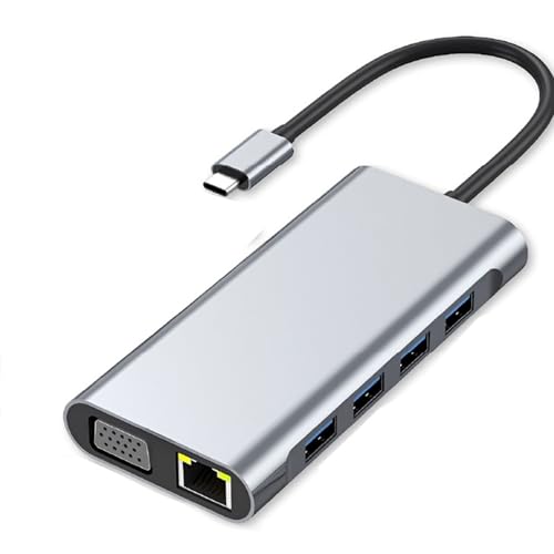 USB C Adapter 11 in 1 Dongle with 4K HDMI, VGA, Type C PD, USB3.0, RJ45 Ethernet, SD/TF Card Reader, 3.5mm AUX, Docking Station Compatible with MacBook Pro/Air, Other Type C Laptops