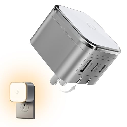 USB C Charger Block, 45W GaN Wall Charger with Touch-Control Night Light | Grey, 3 Port, Foldable Plug, PD PPS Support, Travel and Office Use, iPhone 17/16, Galaxy S26/S25, Pixel, iPad, MacBook - color: Grey, size: 45W-3 Ports